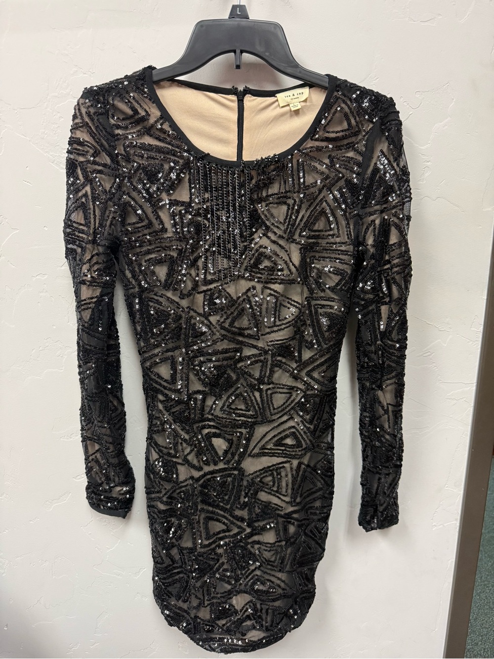 Tea n Cup Black Sequin Geometric Long-Sleeve Dress